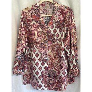 Chicos No Iron Paisley Off Wh & Burgundy Button Up, Long Sl., Chicos Size 3 (16)